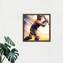 "Artery8 Wall Art Print Cricket Batsman Swings Action Sports Splatter Oil Painting Square Framed Picture 16X16 Inch in Brown - Size: W16"" x H16""" - thumbnail 2