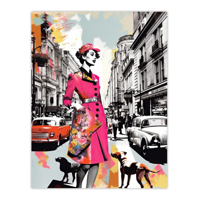 Artery8 Wall Art Print London Woman In Pink Retro Glam Fashion Collage Artwork Stylish Dog Walk Busy Downtown Street Vibrant Colourful Bold Pop Art - image 1
