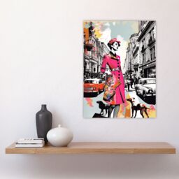Artery8 Wall Art Print London Woman In Pink Retro Glam Fashion Collage Artwork Stylish Dog Walk Busy Downtown Street Vibrant Colourful Bold Pop Art - thumbnail 4