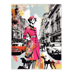 Artery8 Wall Art Print London Woman In Pink Retro Glam Fashion Collage Artwork Stylish Dog Walk Busy Downtown Street Vibrant Colourful Bold Pop Art - thumbnail 1