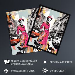 Artery8 Wall Art Print London Woman In Pink Retro Glam Fashion Collage Artwork Stylish Dog Walk Busy Downtown Street Vibrant Colourful Bold Pop Art - thumbnail 2