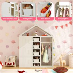 Costway Costume Storage Closet Dress Up Rack Clothing Wardrobe in White - thumbnail 6