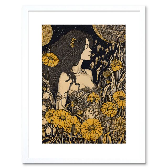 "Artery8 Wall Art Print Woman in Flower Field Midsummer Night Artwork Framed 9X7 Inch in White - Size: W7"" x H9""" - image 1