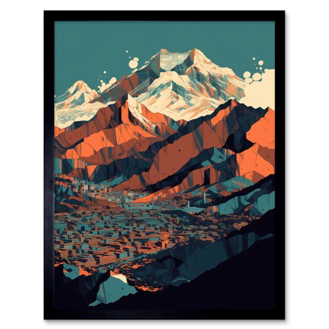 "Artery8 Wall Art Print Modern City Surrounded by Tall Mountains Landscape Art Framed in Black - Size: W12"" x H16""" - image 1