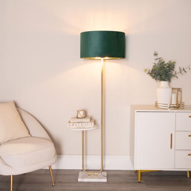 ValueLights Tavel Gold Floor Lamp with Table & Velvet Drum & Gold Inner Lamp Shade & Bulb in Bottle Green - image 1