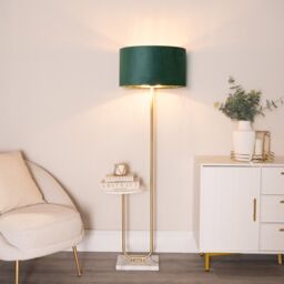ValueLights Tavel Gold Floor Lamp with Table & Velvet Drum & Gold Inner Lamp Shade & Bulb in Bottle Green - thumbnail 1