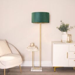 ValueLights Tavel Gold Floor Lamp with Table & Velvet Drum & Gold Inner Lamp Shade & Bulb in Bottle Green - thumbnail 3