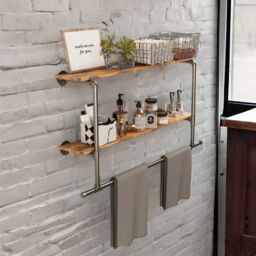 Pirlo Plush Industrial Heavy Duty Pipe Wall-Mounted Floating Shelves With Hanging Rail in Brown - thumbnail 2