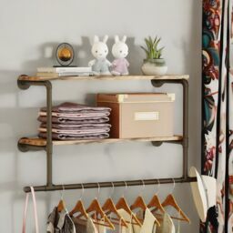 Pirlo Plush Industrial Heavy Duty Pipe Wall-Mounted Floating Shelves With Hanging Rail in Brown - thumbnail 1