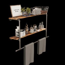 Pirlo Plush Industrial Heavy Duty Pipe Wall-Mounted Floating Shelves With Hanging Rail in Brown - thumbnail 5