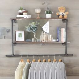 Pirlo Plush Industrial Heavy Duty Pipe Wall-Mounted Floating Shelves With Hanging Rail in Brown - thumbnail 3