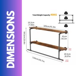 Pirlo Plush Industrial Heavy Duty Pipe Wall-Mounted Floating Shelves With Hanging Rail in Brown - thumbnail 6