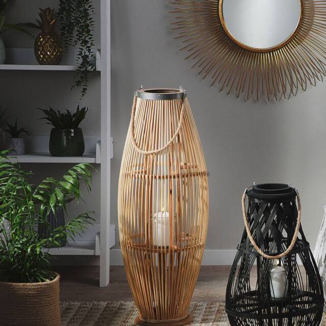 Wyld and Coco 84cm Woven Bamboo Lantern with Glass Candle Chamber in Brown - image 1