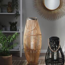 Wyld and Coco 84cm Woven Bamboo Lantern with Glass Candle Chamber in Brown - thumbnail 1