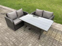 Fimous Dark Grey PE Rattan Garden Furniture Set Love Sofa 2 Seater Sofa Set Outdoor Rectangular Dining Table 4 Seater - thumbnail 2