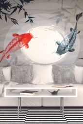 Origin Murals Watercolour Koi Wall Mural in Dark Grey - Size: W300 cm x H240 cm - thumbnail 1
