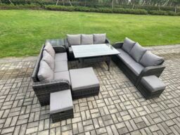 Fimous Rattan Garden Furniture Set with Oblong Rectangular Dining Table 3 Footstools Side Table 11 Seater Outdoor Lounge Sofa Set Dark Grey Mixed - thumbnail 2
