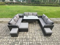 Fimous Rattan Garden Furniture Set with Oblong Rectangular Dining Table 3 Footstools Side Table 11 Seater Outdoor Lounge Sofa Set Dark Grey Mixed - thumbnail 1
