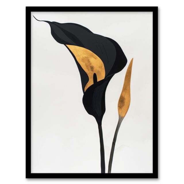 Artery8 Elegant Calla Lily Black Gold Floral Painting Framed Art Print in Blue - Size: A4 - image 1
