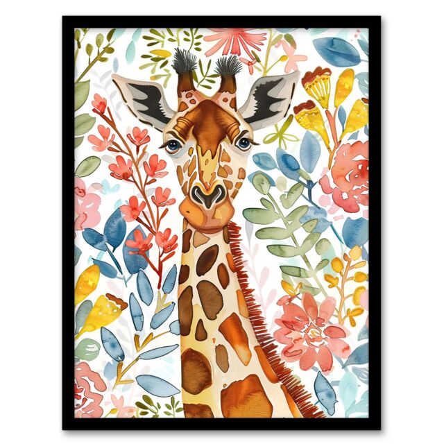 "Artery8 Giraffe Colourful Floral Watercolour Portrait Framed Wall Art - Size: W12"" x H16""" - image 1