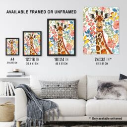 "Artery8 Giraffe Colourful Floral Watercolour Portrait Framed Wall Art - Size: W12"" x H16""" - thumbnail 3