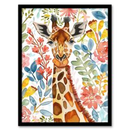 "Artery8 Giraffe Colourful Floral Watercolour Portrait Framed Wall Art - Size: W12"" x H16""" - thumbnail 1