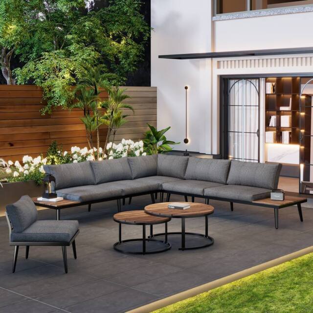BTM Modular Outdoor Sofa Set Patio Garden with Iron Frame Wood Tables in Grey - image 1