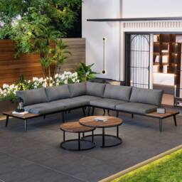 BTM Modular Outdoor Sofa Set Patio Garden with Iron Frame Wood Tables in Grey - thumbnail 8