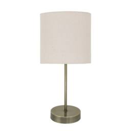 First Choice Lighting Antique Brass Stick Table Lamp with Natural Linen Shade in Bronze
