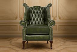 Somnior Leather Chesterfield Wingback Scrolled Arm Chair UK Manufactured in Dark Green - Size: 1 Seater - thumbnail 2