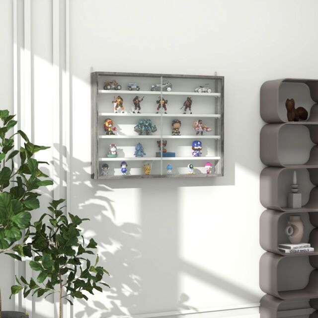 HOMCOM 5-Tier Wall Display Shelf Unit Cabinet w/ Shelves Glass Doors in Grey - Size: Small - image 1