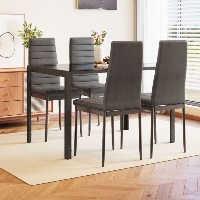 Living and Home 3 Set of Modern Rectangular Tempered Glass Kitchen Dining Table and 2 Black High Back Chairs - image 1