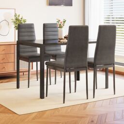 Living and Home 3 Set of Modern Rectangular Tempered Glass Kitchen Dining Table and 2 Black High Back Chairs
