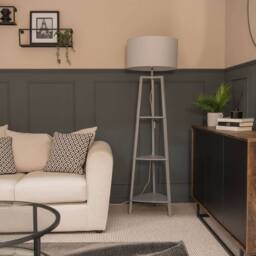 ValueLights Hiru Grey 3 Tier Shelf Floor Lamp with Large Drum Shade & Bulb in Light Grey - thumbnail 3