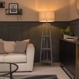 ValueLights Hiru Grey 3 Tier Shelf Floor Lamp with Large Drum Shade & Bulb in Light Grey - thumbnail 1