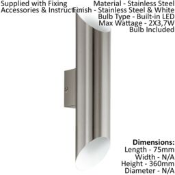 Loops 2 PACK IP44 Outdoor Wall Light Stainless Steel & White 3.7W Built in LED Lamp - thumbnail 2