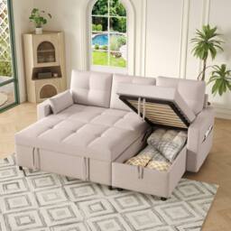 BTM L Shaped Sofa Bed Pull Out Sleeper Storage Cup Holders Sofa in Beige - thumbnail 4