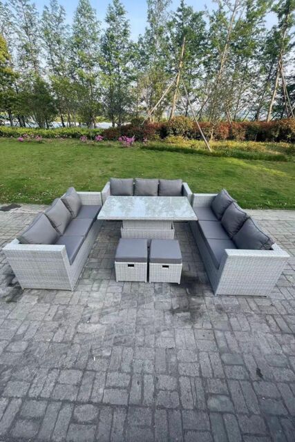 Fimous U Shape Rattan Garden Furniture Set Adjustable Rising Lifting Table Dining Set 2 Stools in Light Grey - image 1