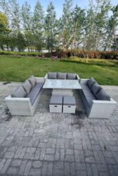 Fimous U Shape Rattan Garden Furniture Set Adjustable Rising Lifting Table Dining Set 2 Stools in Light Grey - thumbnail 2