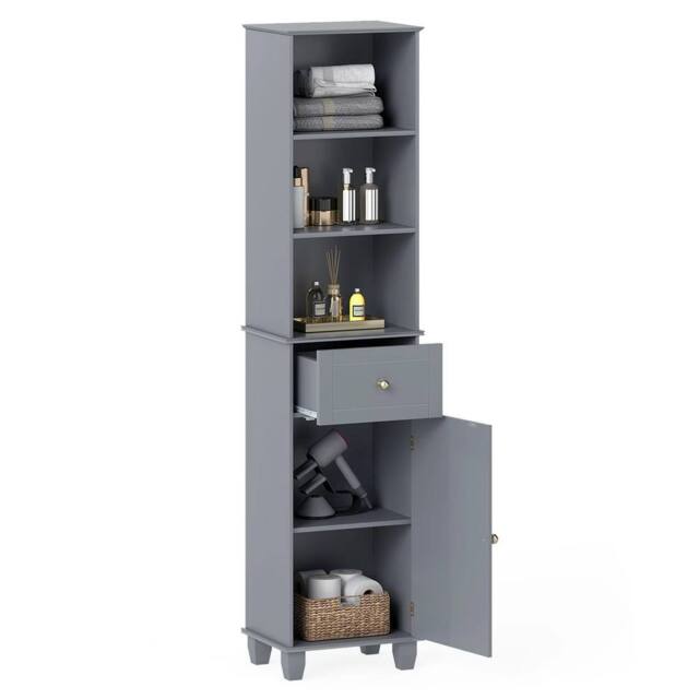 VOGREX Grey 172cm Narrow Bathroom Floor Cabinet 3 Open Shelves - image 1