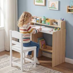 Costway Kids Study Desk & Chair Set Wooden Writing Desk w/Hutch & 3 Drawers in Natural - thumbnail 9