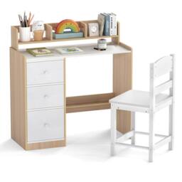 Costway Kids Study Desk & Chair Set Wooden Writing Desk w/Hutch & 3 Drawers in Natural
