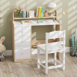 Costway Kids Study Desk & Chair Set Wooden Writing Desk w/Hutch & 3 Drawers in Natural - thumbnail 8