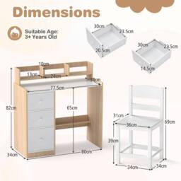 Costway Kids Study Desk & Chair Set Wooden Writing Desk w/Hutch & 3 Drawers in Natural - thumbnail 5