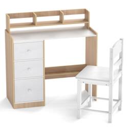 Costway Kids Study Desk & Chair Set Wooden Writing Desk w/Hutch & 3 Drawers in Natural - thumbnail 2