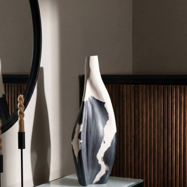 Wyld and Coco Handcrafted Mango Wood Vase Beige and Black Narrow Neck - image 1
