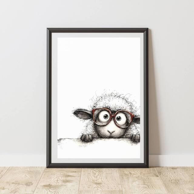 60 SECOND MAKEOVER Quirky Peeking Sheep Glasses Print Wall Art Poster - Size: A4 - image 1