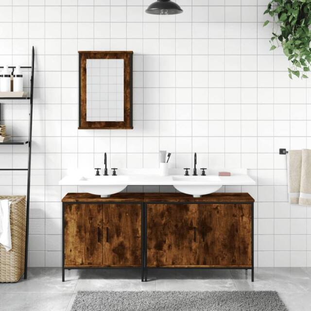 Berkfield Home Durable 3 Piece Bathroom Furniture Set Smoked Oak Engineered Wood in Brown - image 1