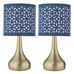 First Choice Lighting Set of 2 Romana - Antique Brass Touch Table Lamps Blue Cut Out Shade in Bronze