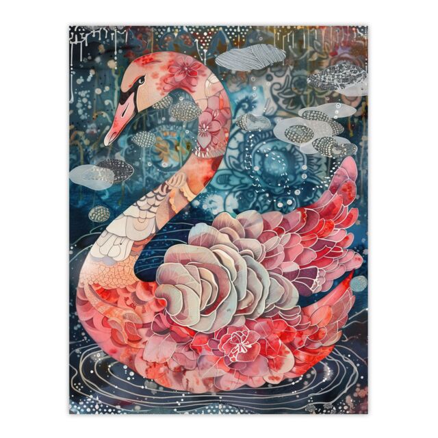 "Artery8 Abstract Pink Flower Swan Artwork Enchanted Lake Wall Art Print in Blue - Size: W12"" x H16""" - image 1